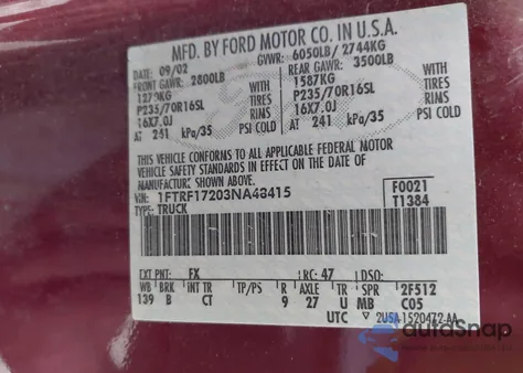 2003 Ford F150 from USA, damaged, VIN 1FTRF17203NA48415